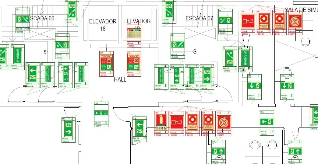 Planta baixa com posicionamento de sinalização e equipamentos